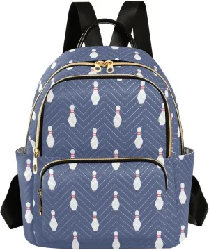 VIGTRO Women Fashion Backpack Quilted Mini Purse Bowling Pattern Blue Background, Lightweight Travel Casual Shoulder Backpack with Adjustable Straps Size S