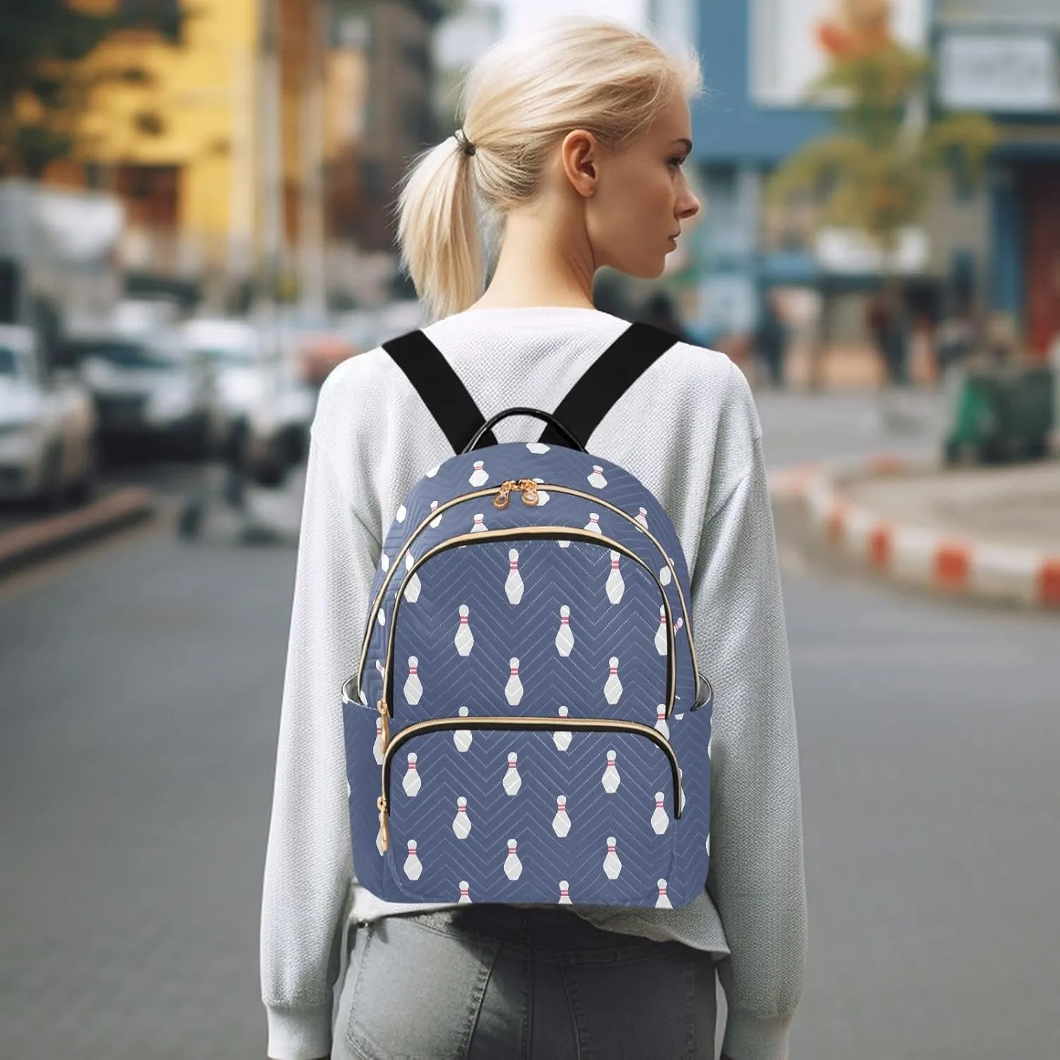 VIGTRO Women Fashion Backpack Quilted Mini Purse Bowling Pattern Blue Background, Lightweight Travel Casual Shoulder Backpack with Adjustable Straps Size S